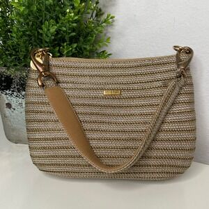Eric Javits Squishee Metallic Gold Silver Striped Woven Shoulder Bag Handbag